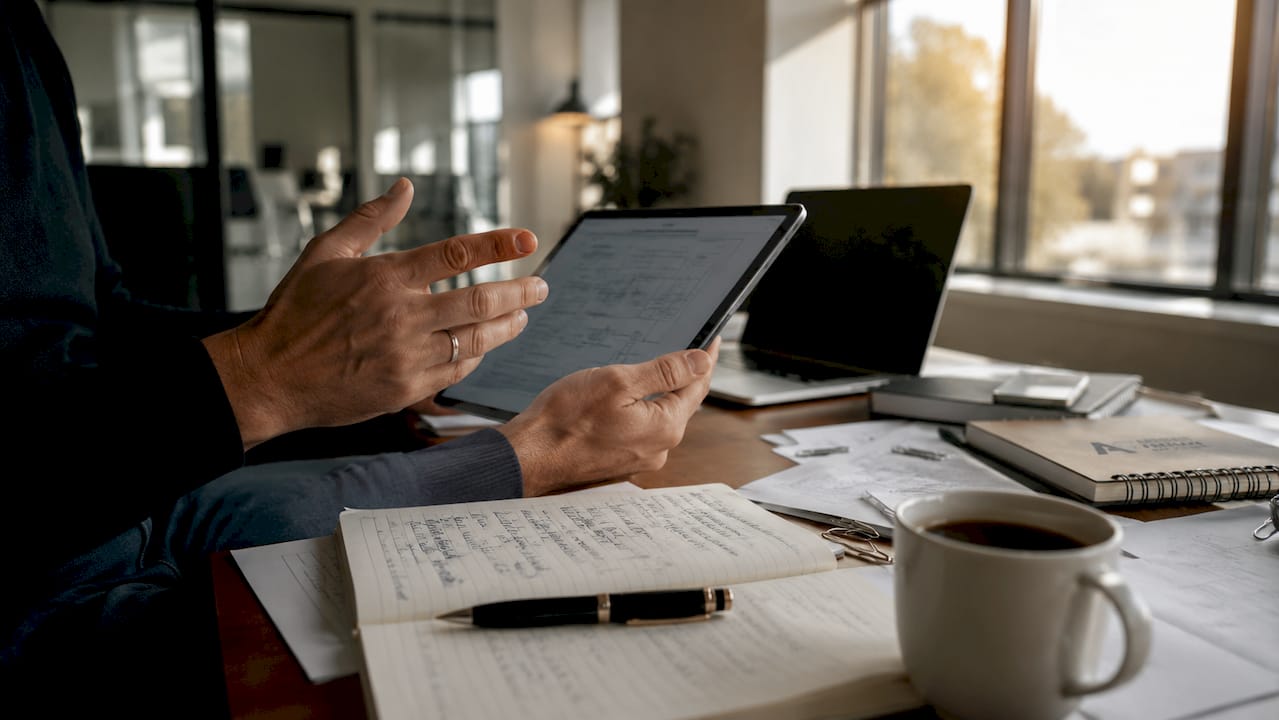 Mani che indicano grafici sull’e-commerce visualizzati su un tablet, viste dall’alto.