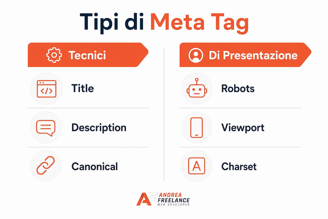 Infografica che illustra le principali tipologie di meta tag