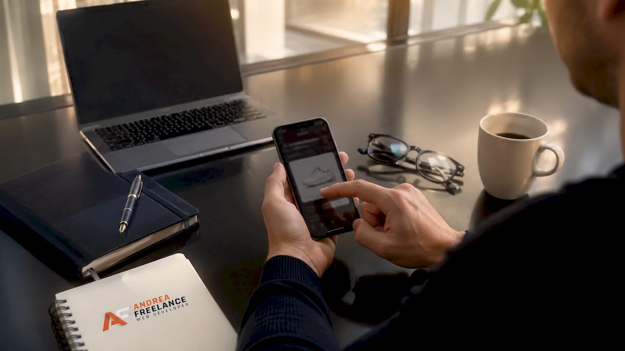 Mani che scelgono un prodotto e lo aggiungono al carrello direttamente dallo smartphone