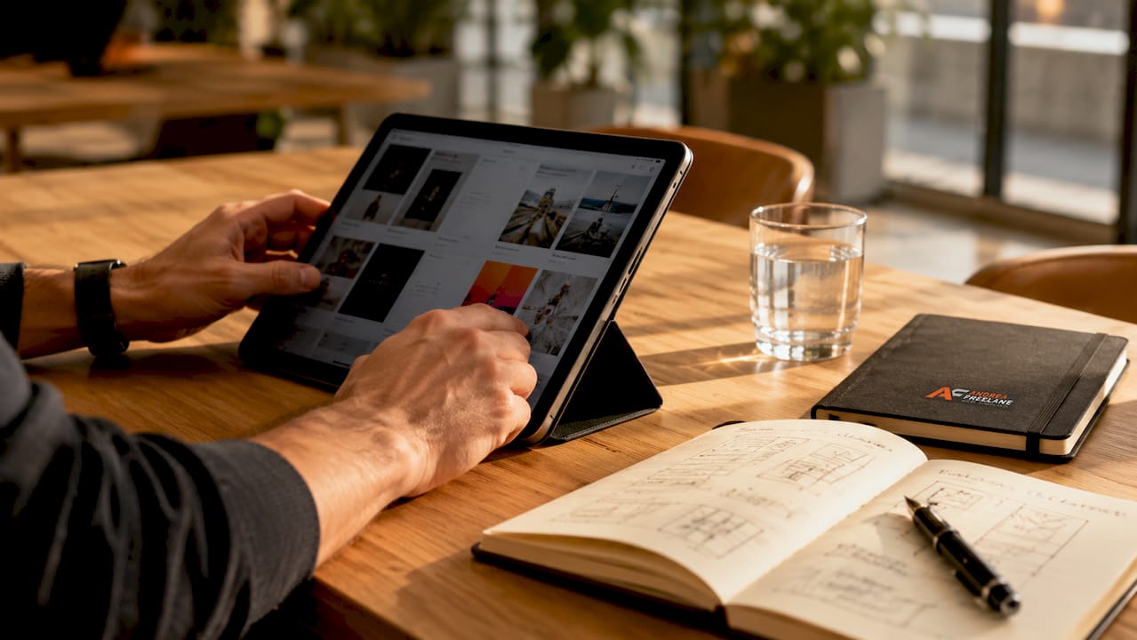 Mani che sfogliano un portfolio di freelance su un tablet