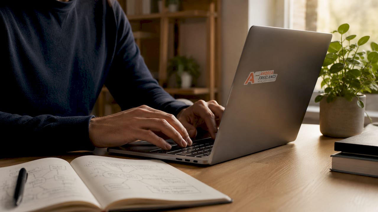 Mani che scrivono contenuti ottimizzati per i motori di ricerca sulla tastiera di un laptop