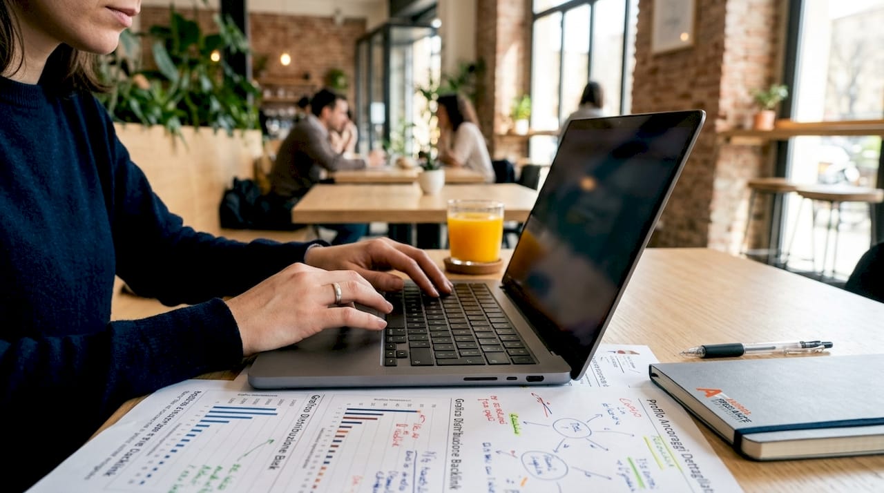 Dettaglio di mani che esaminano dati sui backlink durante una sessione di lavoro condiviso