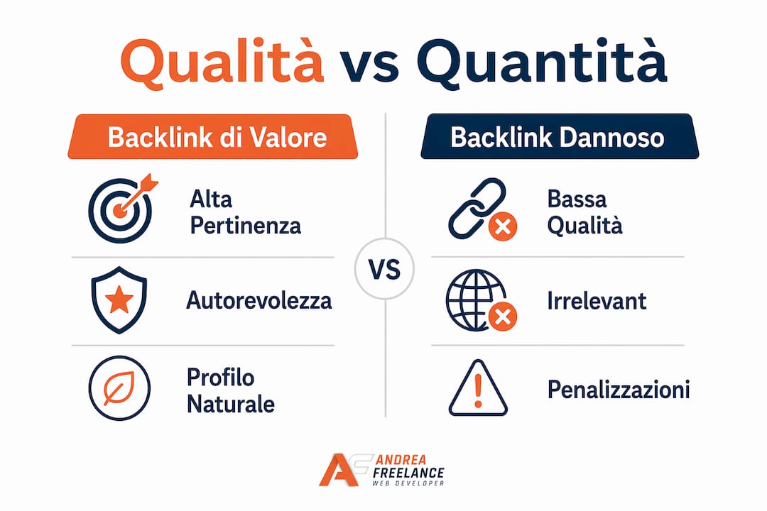 Infografica che mette a confronto qualità e quantità dei backlink per il posizionamento SEO