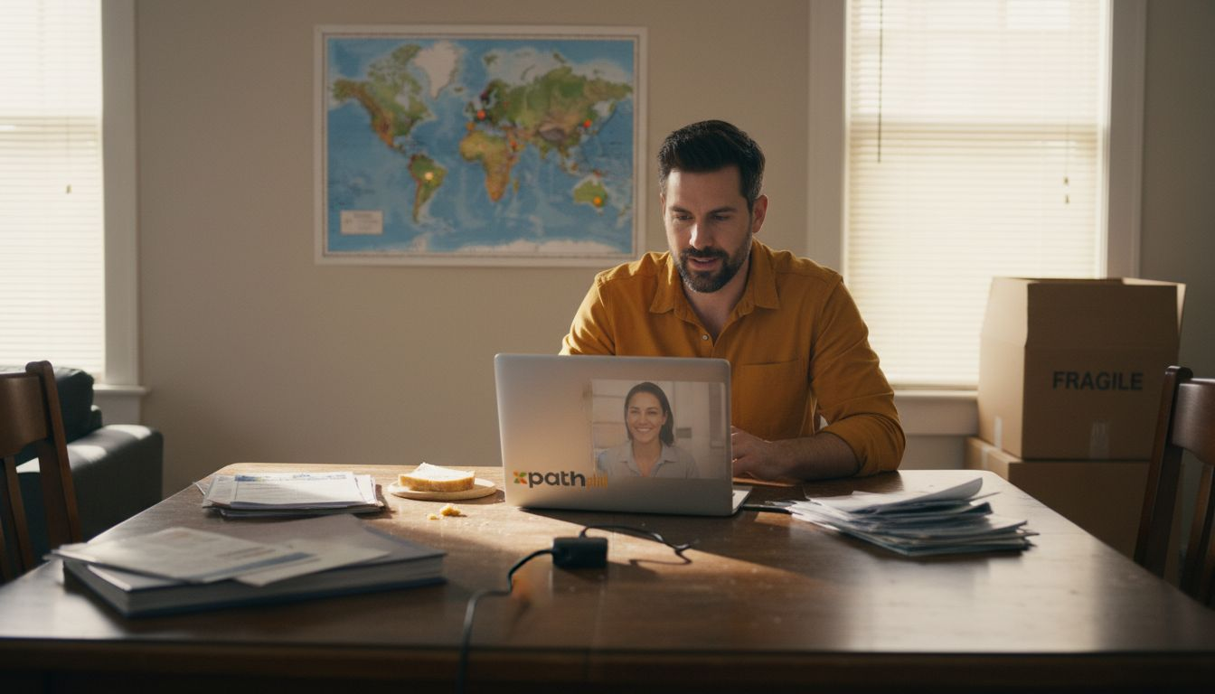 Remote worker in home abroad with travel items