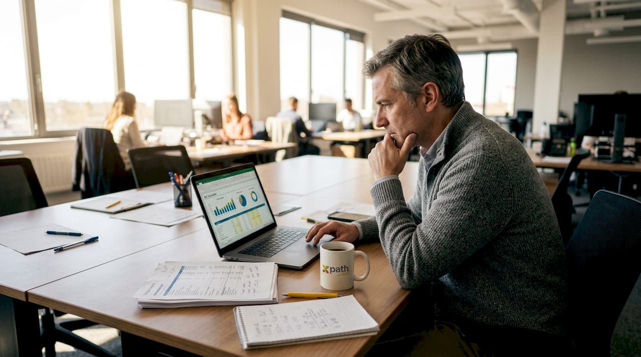 Business analyst calculating ROI at table