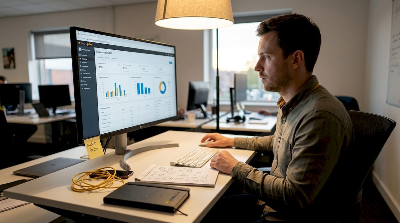 Worker updating HR system in office