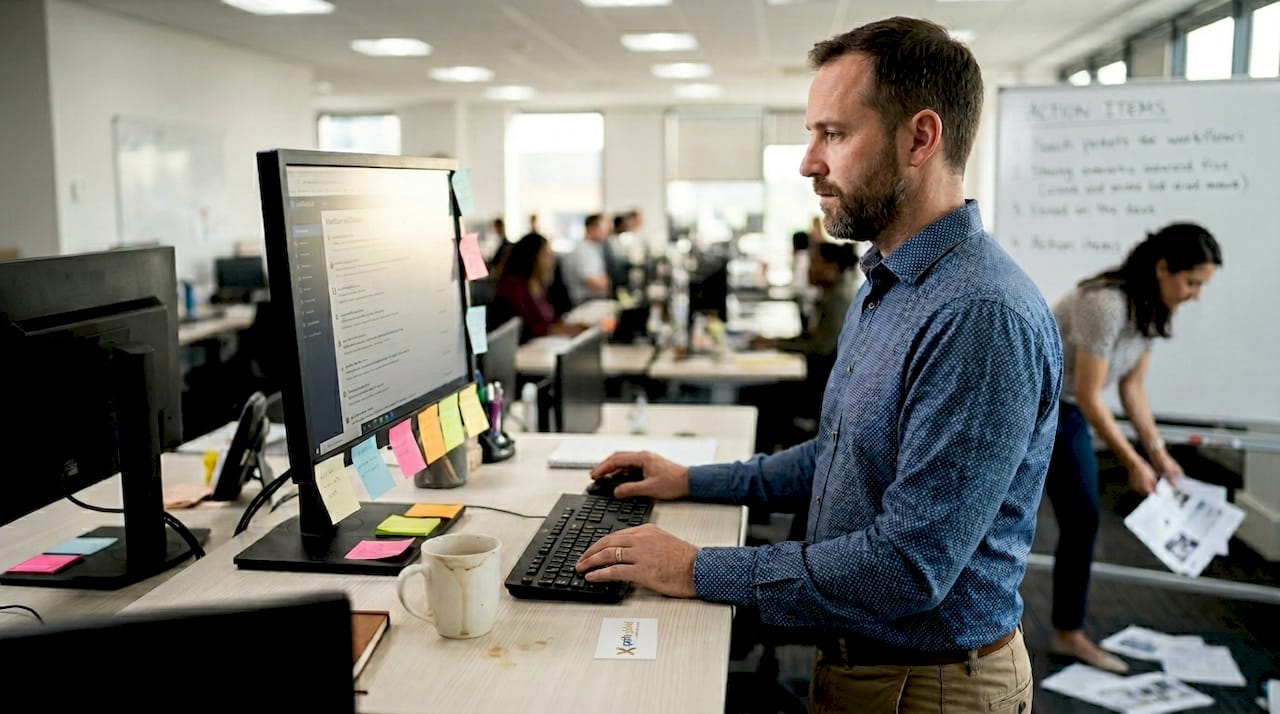 HR specialist manages automated workflow on computer