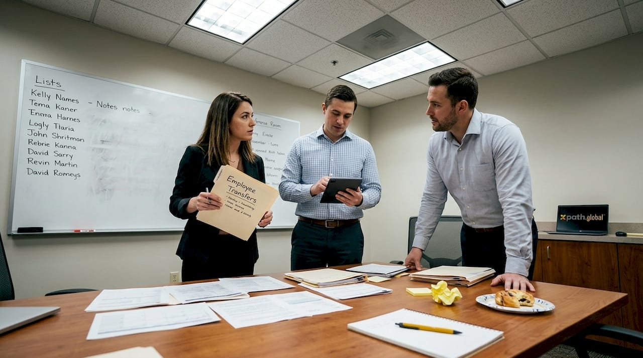 HR team discussing employee relocation paperwork