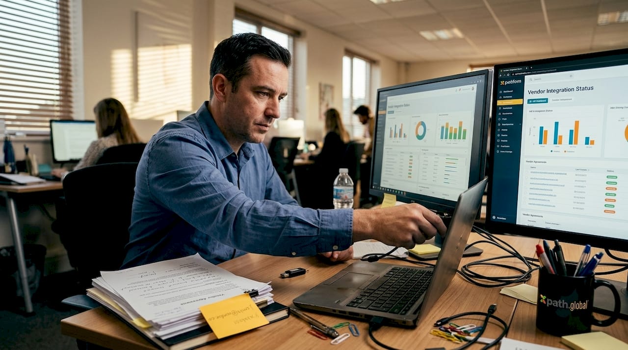 HR specialist integrating vendor technology at desk