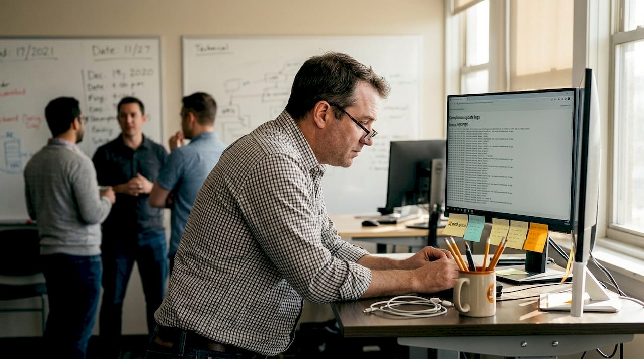 Admin reviews compliance updates at workspace