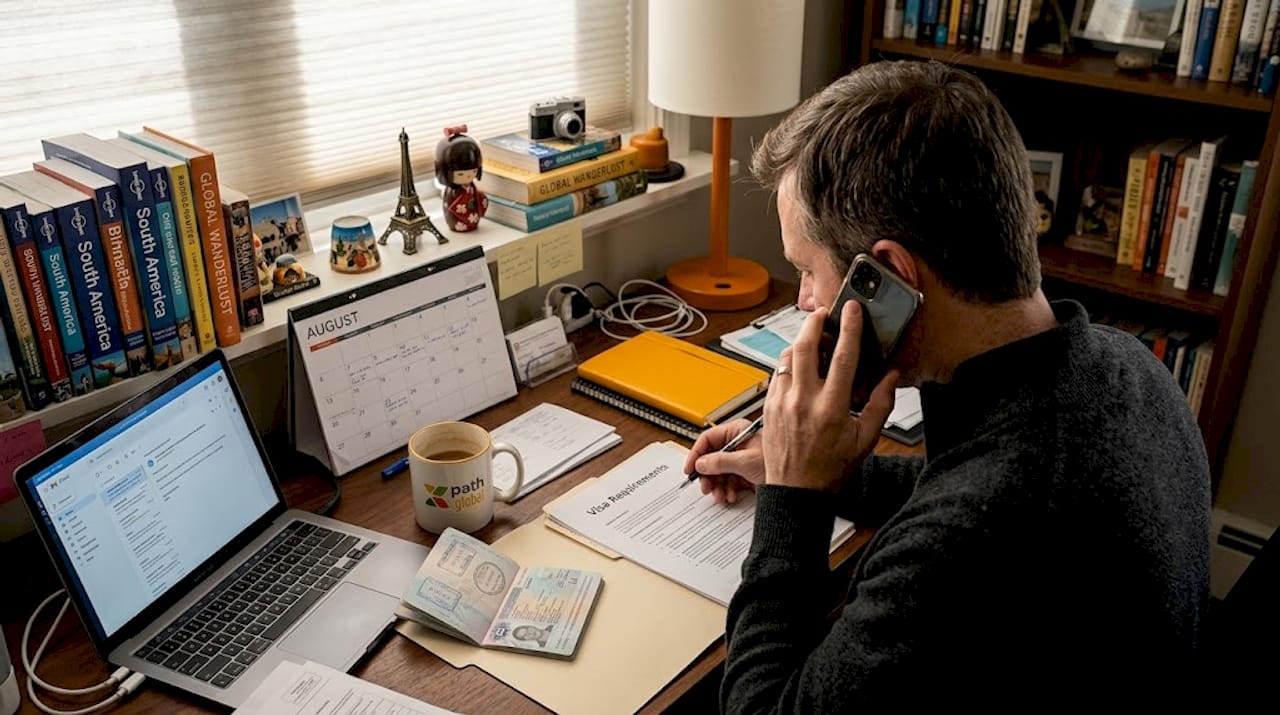 Man organizing documents for international relocation