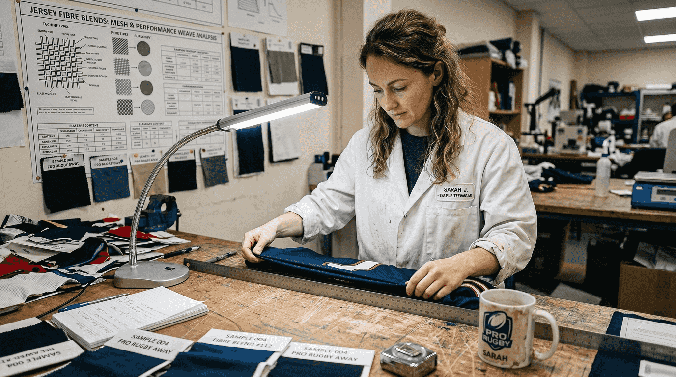 Technician testing NFL jersey fabric blend
