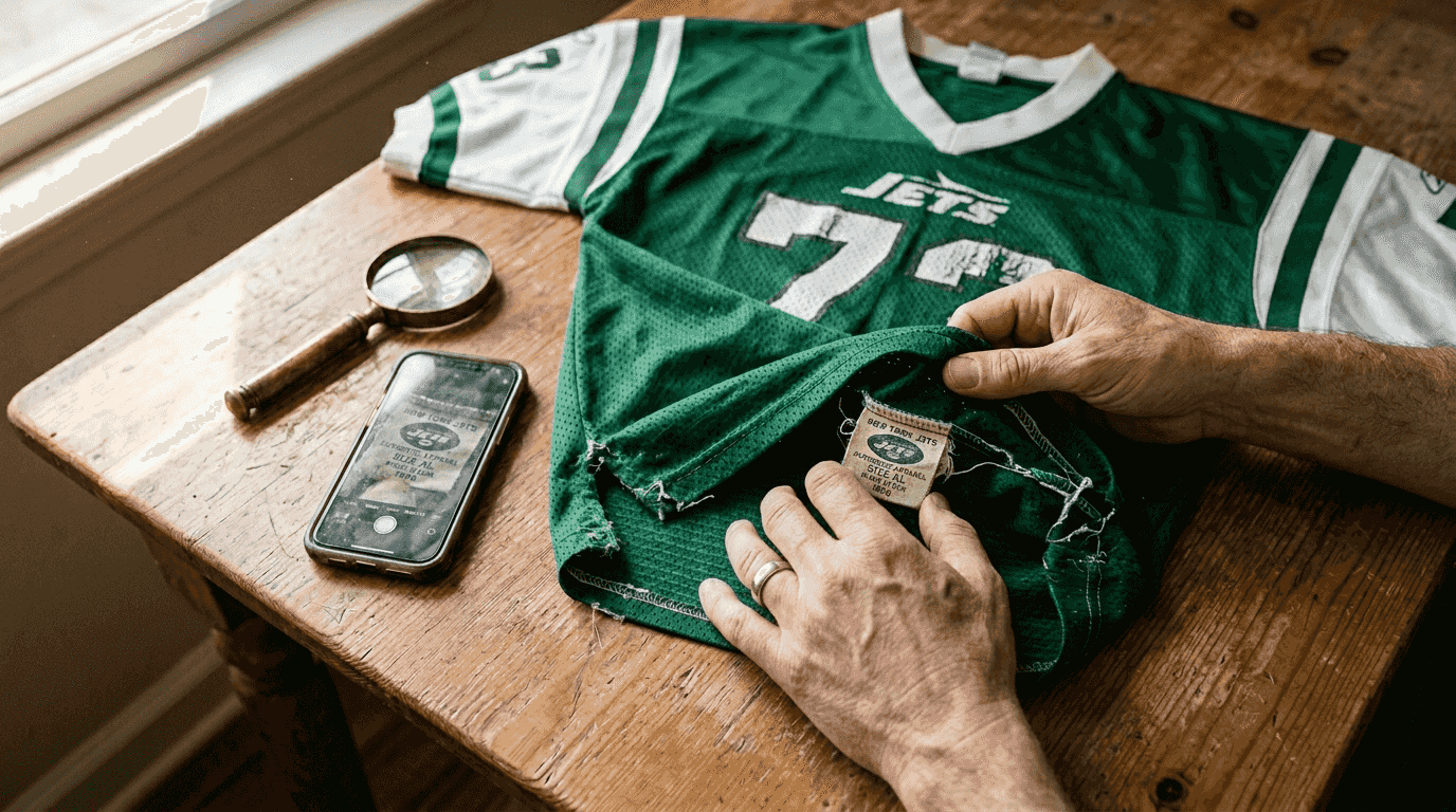 Hands inspecting vintage jersey tag closely