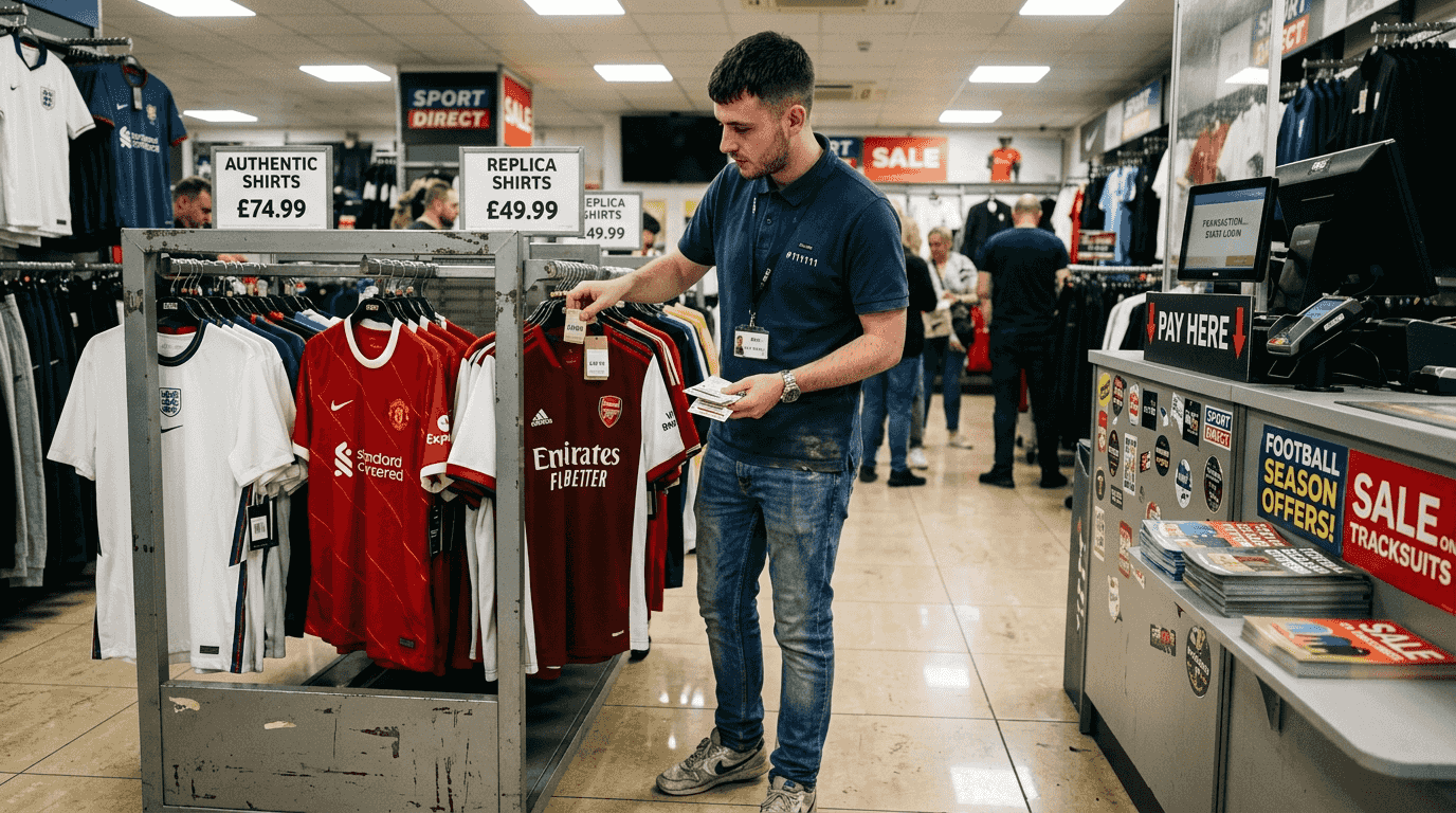 Shop assistant arranging jersey prices display