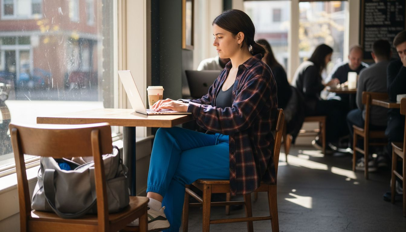 Woman in athleisure streetwear at coffee table