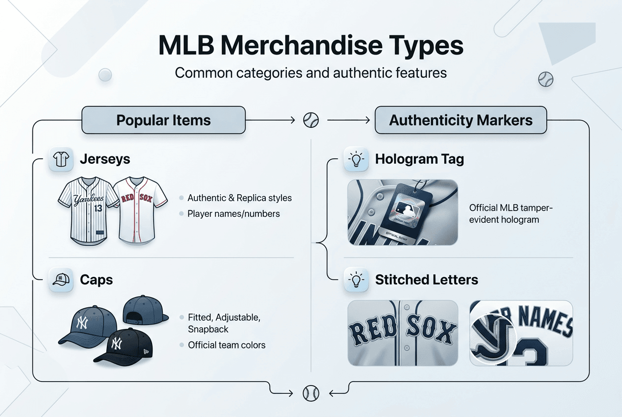 Infographic showing MLB gear types and authenticity markers