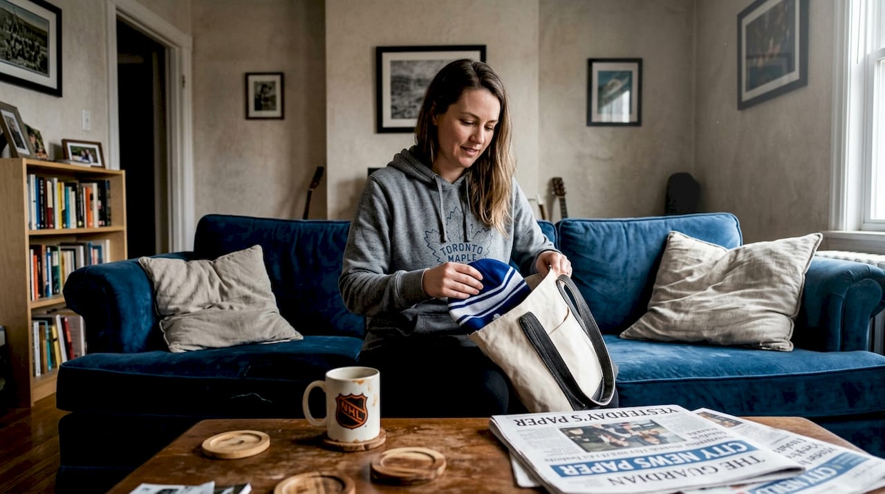 Woman folding NHL fan caps and hoodie