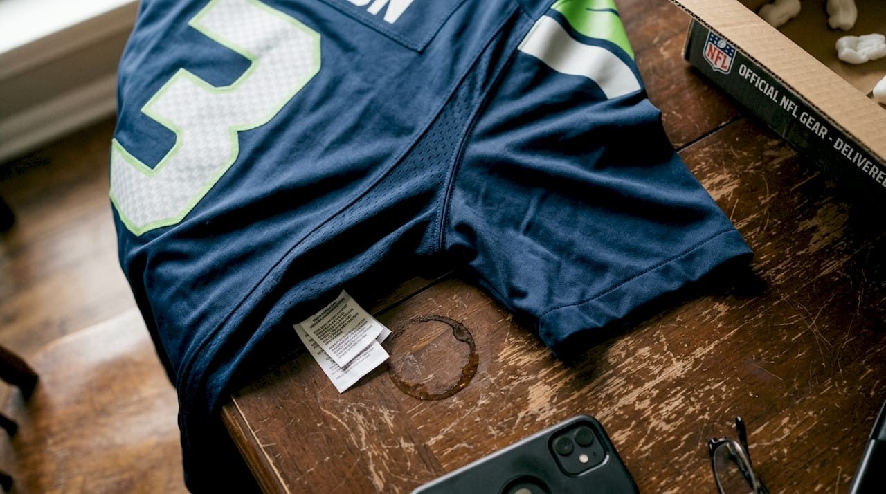 Close-up authentic NFL jersey stitching detail
