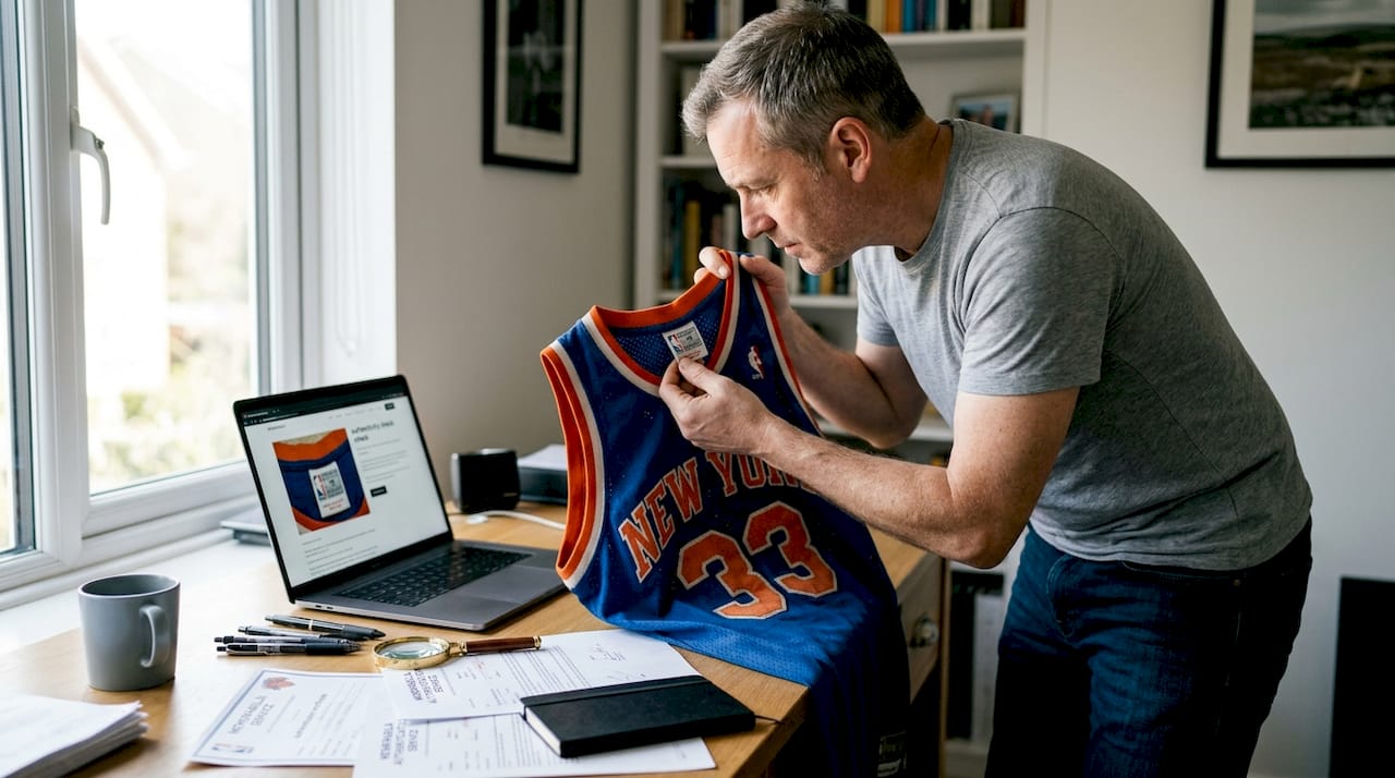 Man checks authentic NBA jersey details