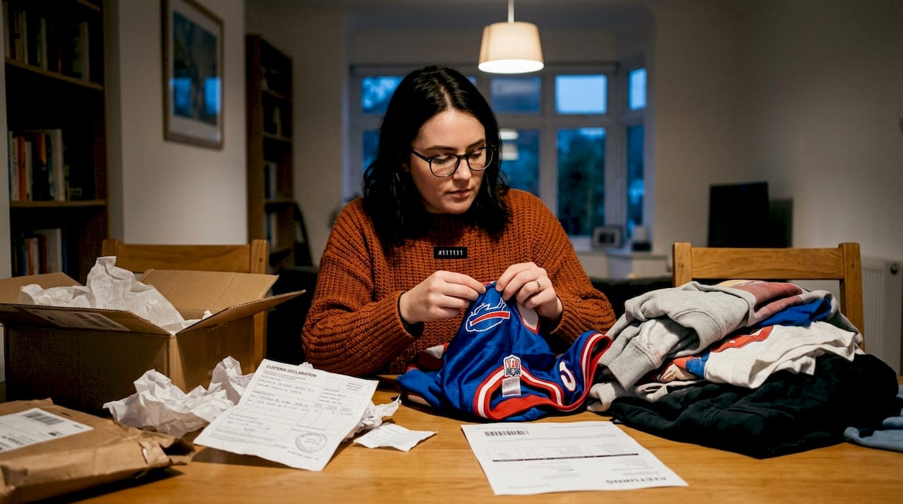Woman inspects NFL jersey for authenticity
