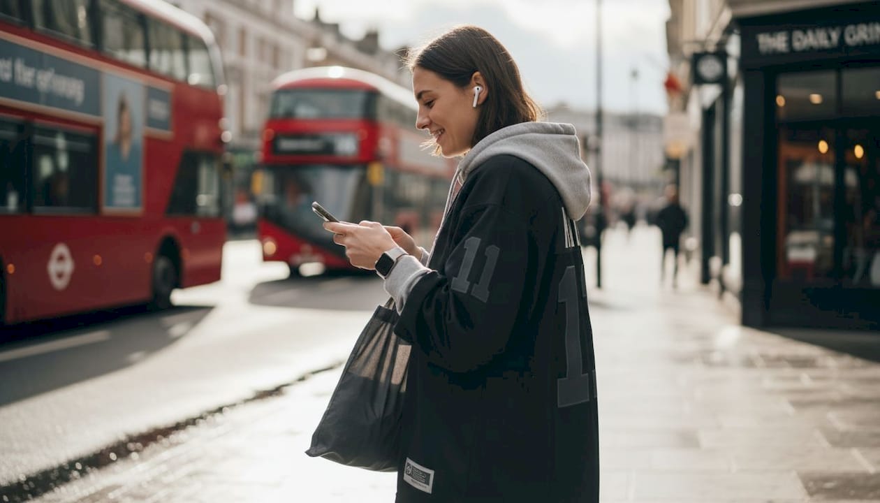 Woman styles NHL jersey in London street scene