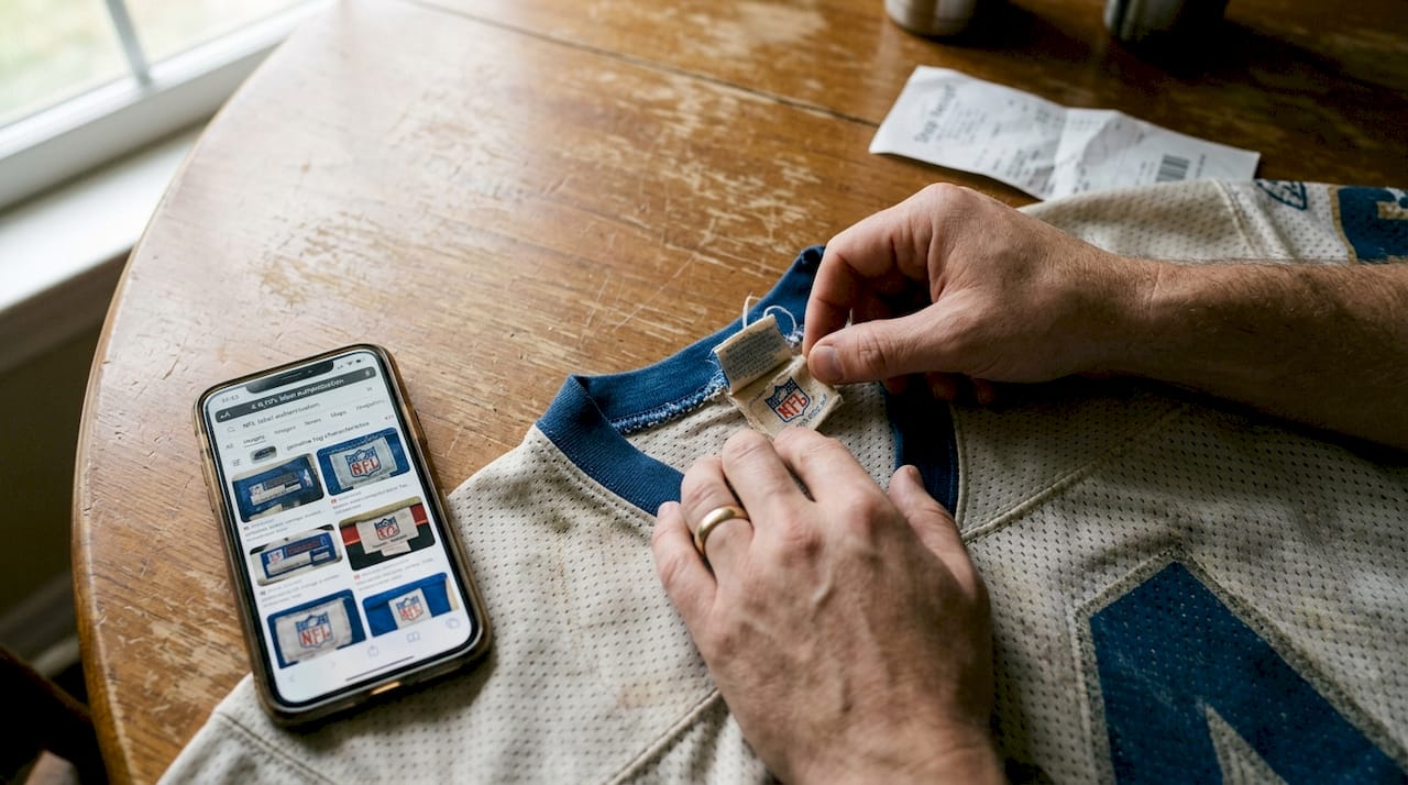 Hands inspecting vintage NFL jersey tag
