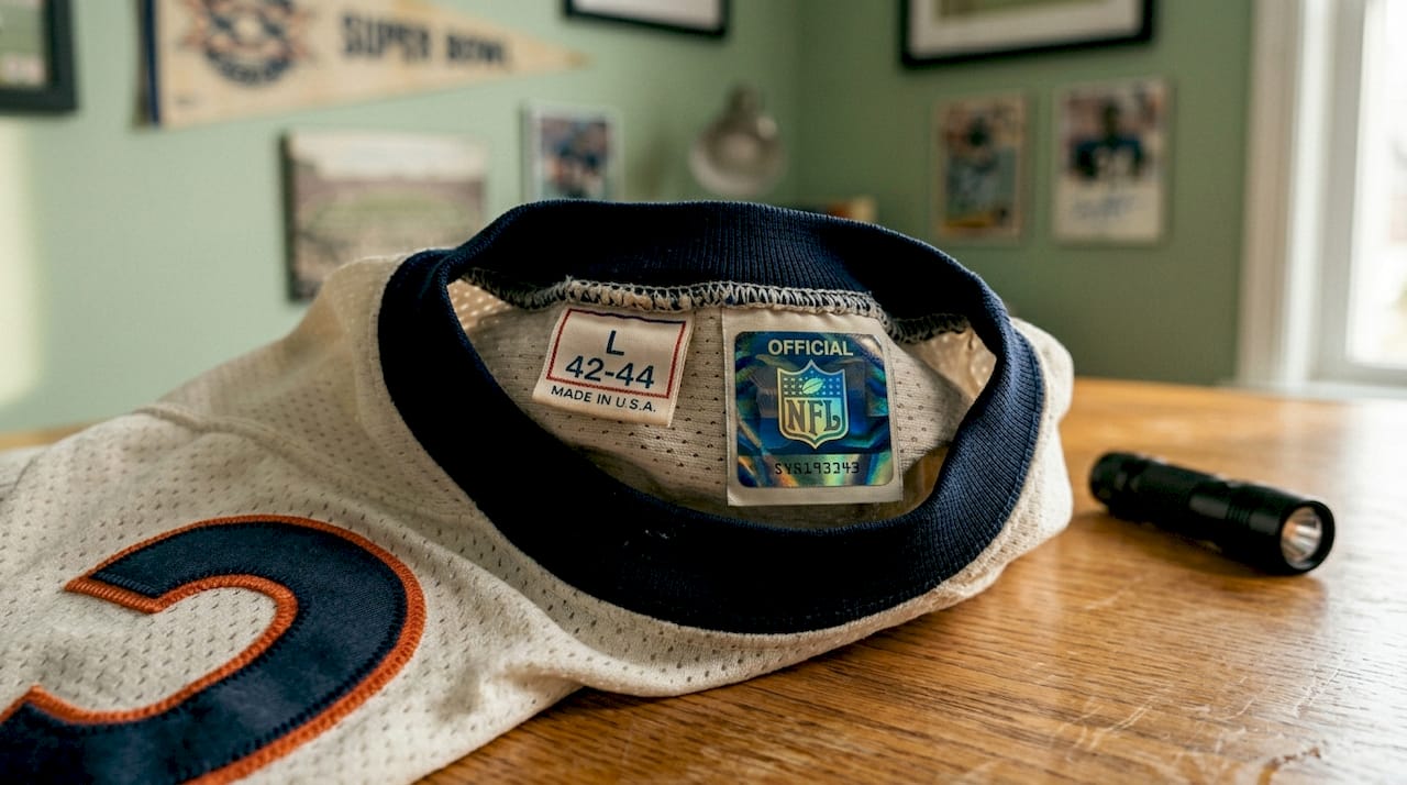 Craftsmanship and tags on vintage NFL jersey