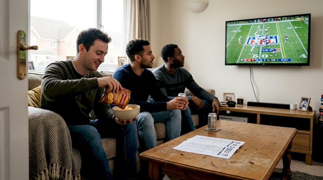 Friends watch NFL in cozy UK home