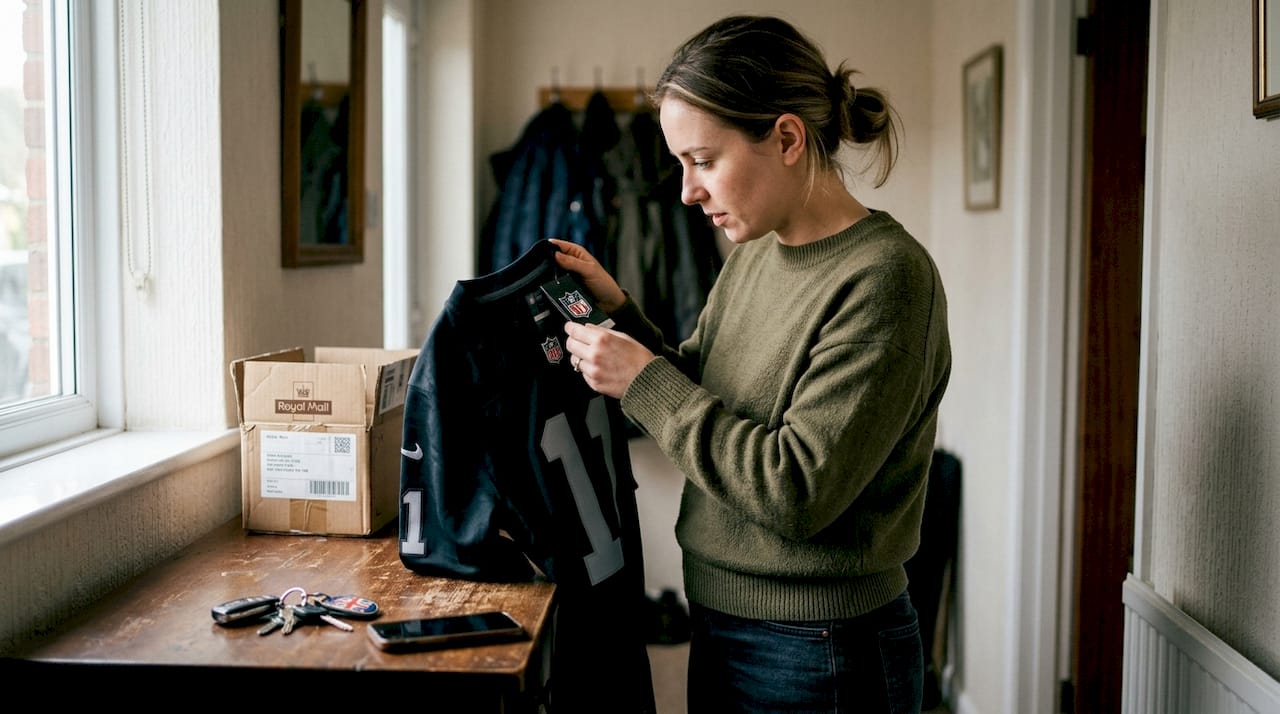 Woman inspecting NFL jersey authenticity at home