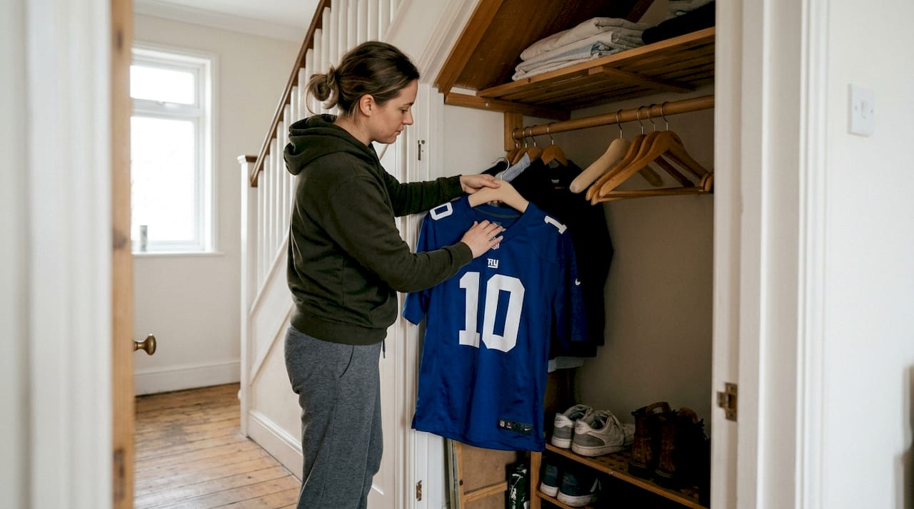 Woman hanging washed NFL jersey in cupboard