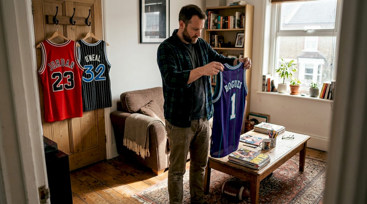 Collector examining vintage sports jersey at home
