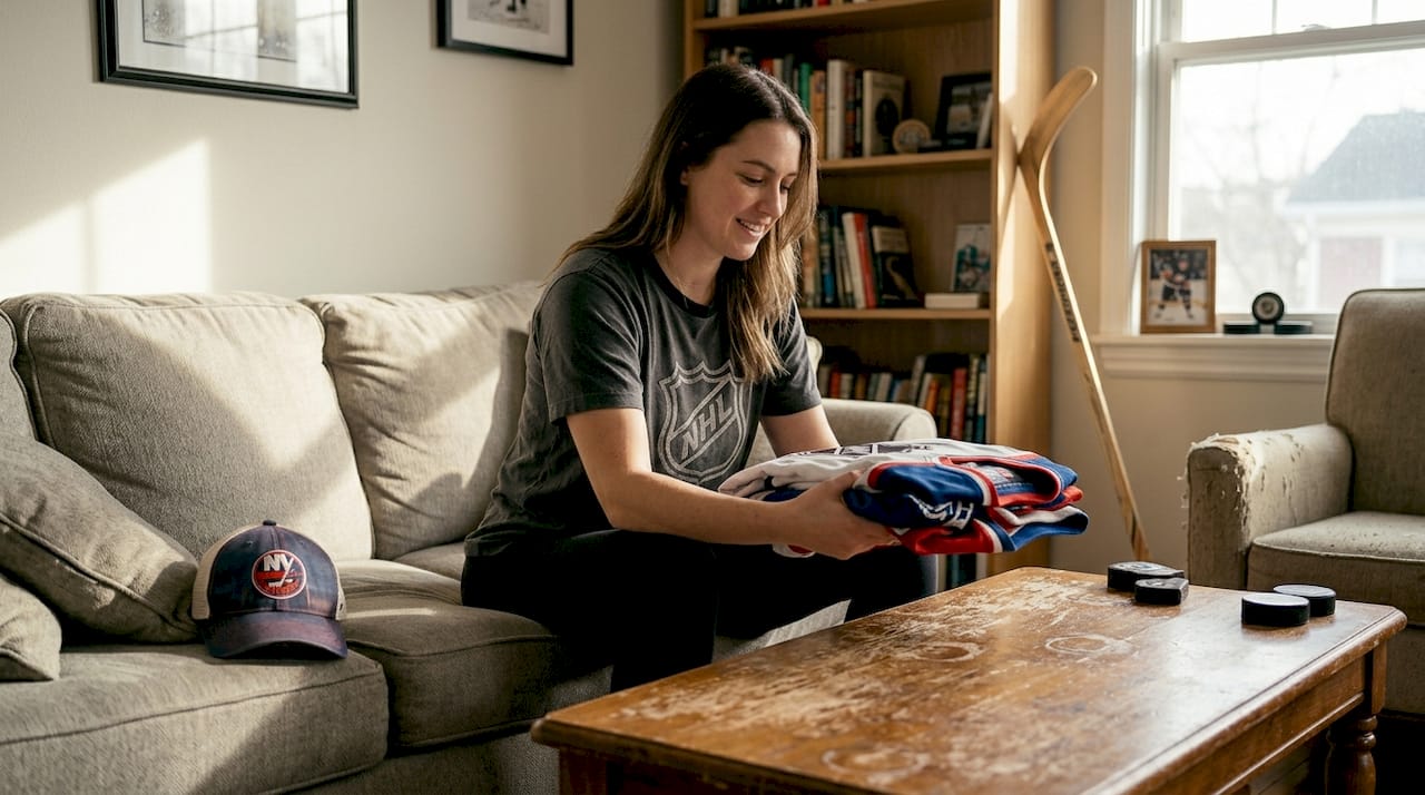 Woman sorting NHL jerseys at home