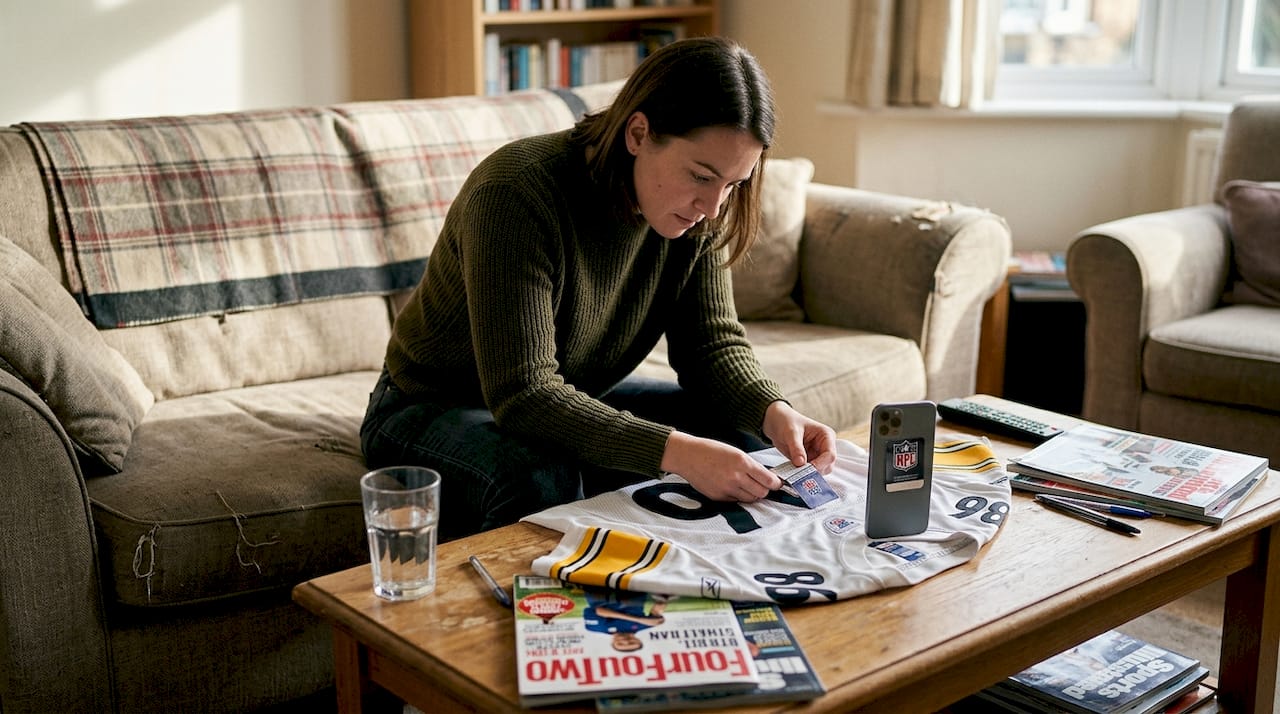 Woman examining NFL jersey for authenticity details