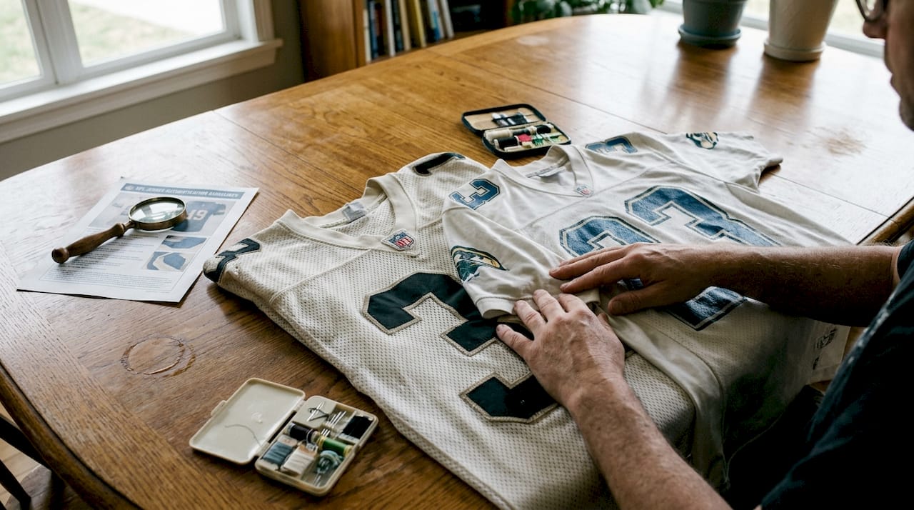 Hands comparing two authentic NFL jerseys