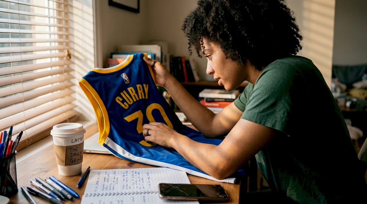 Person inspecting details of NBA swingman jersey