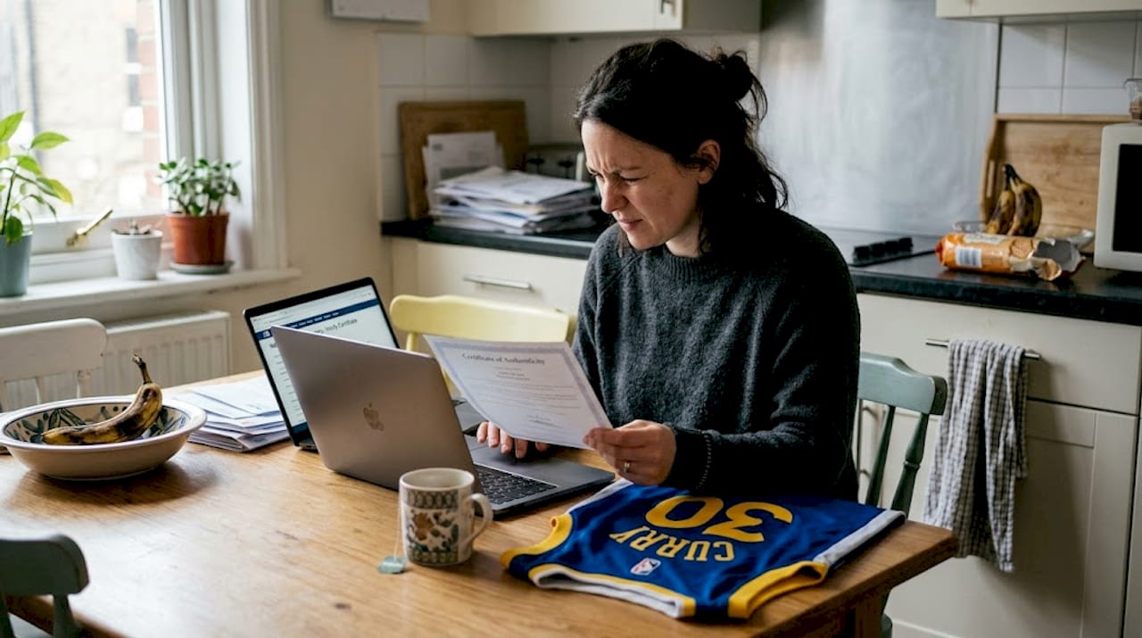 Woman checks NBA jersey authenticity at kitchen table