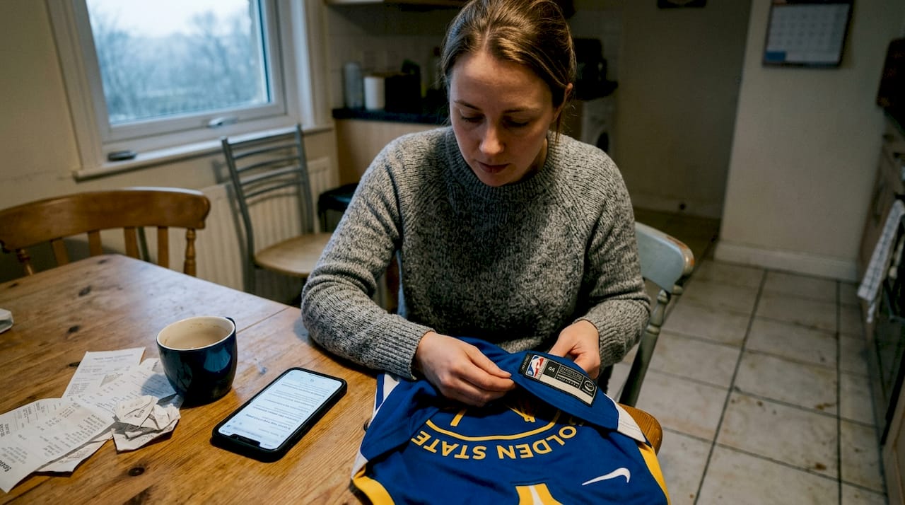 Person investigates NBA jersey authenticity at kitchen table