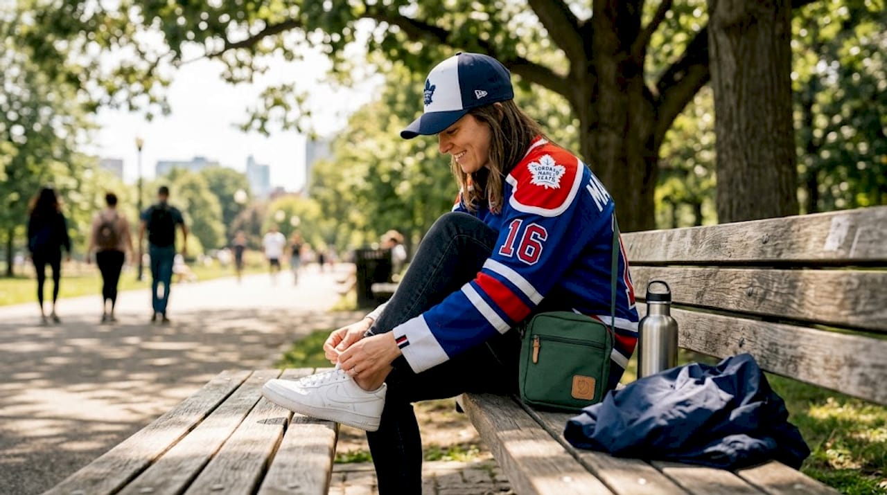 NHL fan accessorising in city park