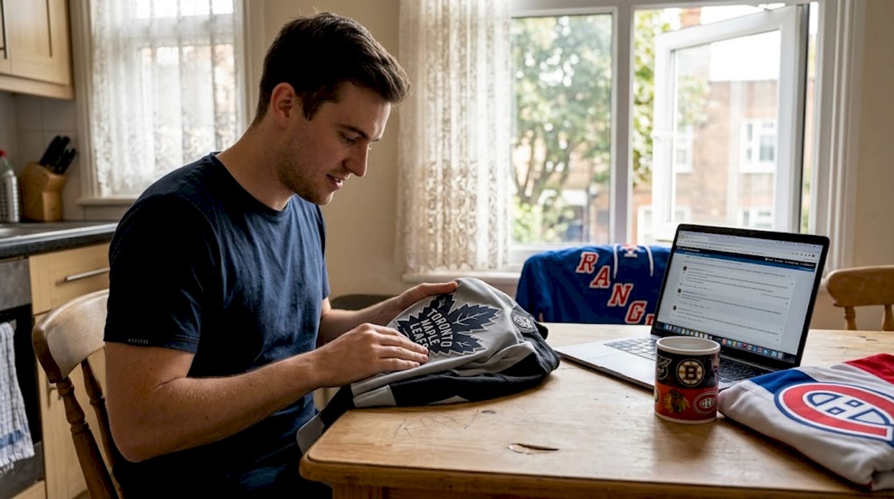 Person checks NHL jersey stitching for authenticity