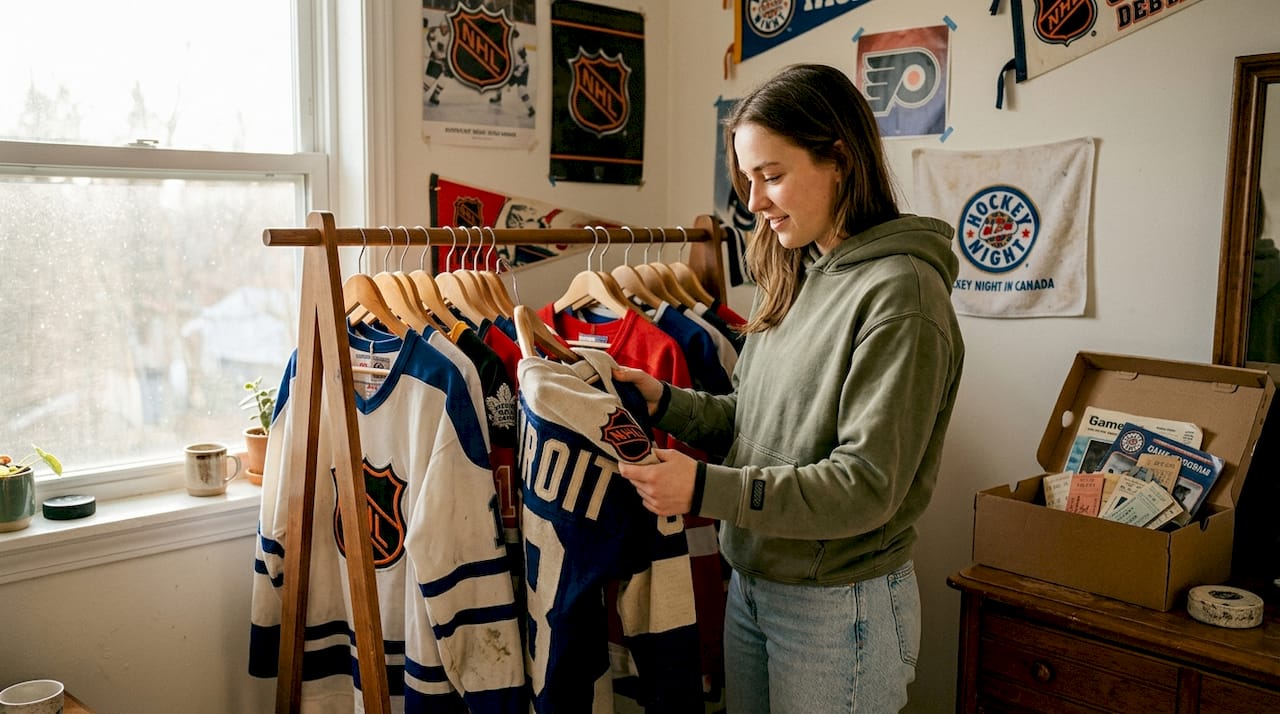Woman displaying NHL jersey collection at home