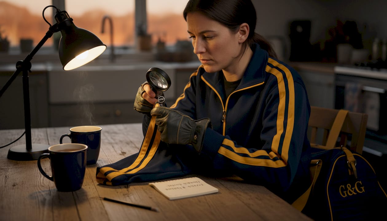 Woman examines vintage jacket zipper at table