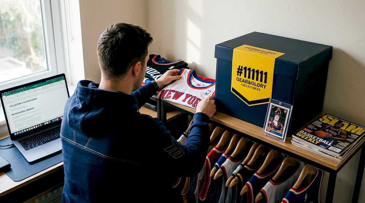 Collector organizing NBA draft jersey display