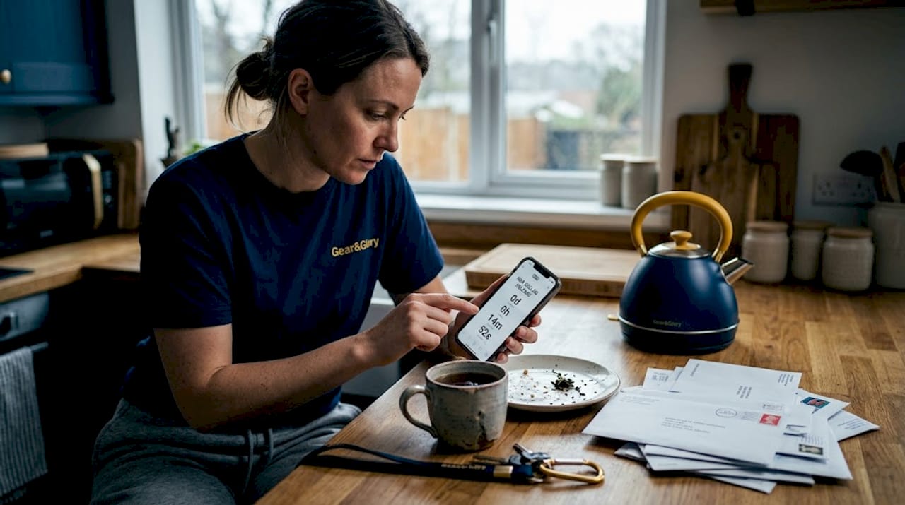 Woman using app for NBA fashion drop at kitchen