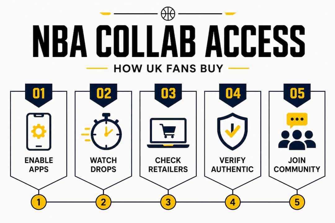 Vertical flow infographic: NBA UK buy process steps