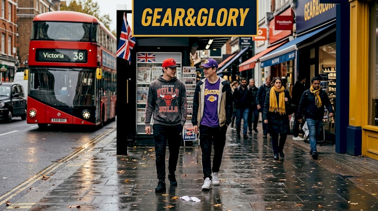 Fans wearing NBA apparel in busy UK city street