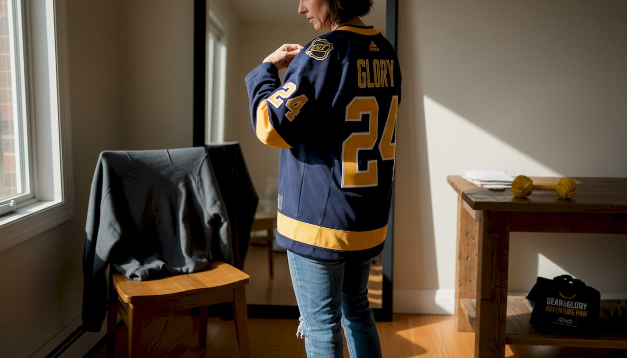 Woman checking NHL jersey fit in home mirror