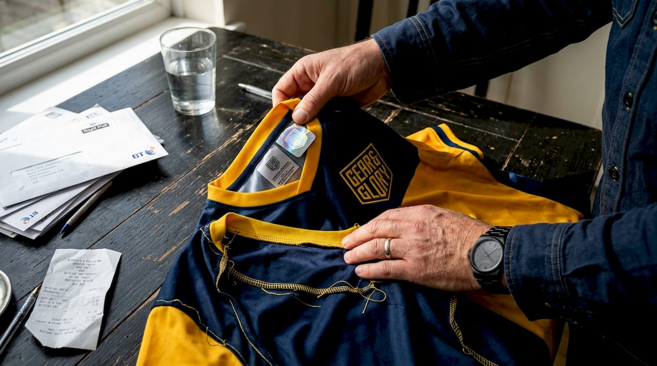 Hands comparing real and counterfeit jerseys