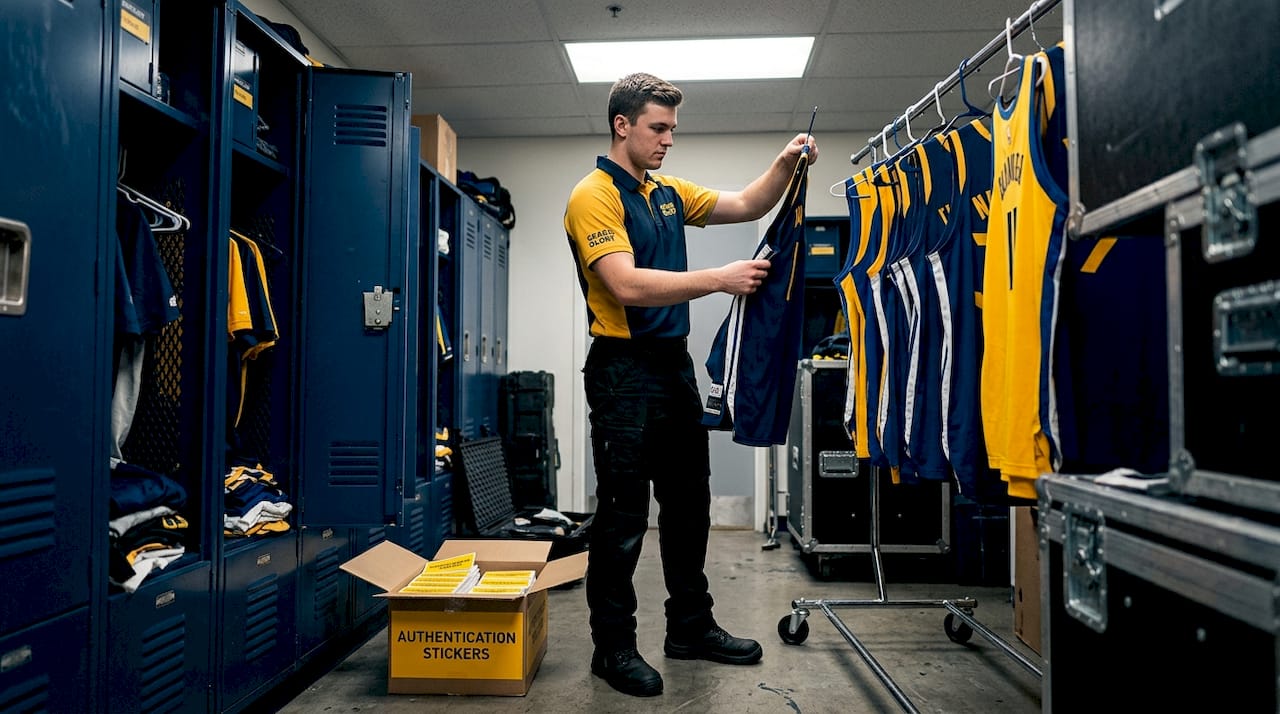 Staff sorting NBA jerseys in equipment room
