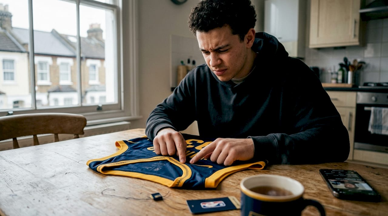Closeup of UK fan inspecting new NBA jersey