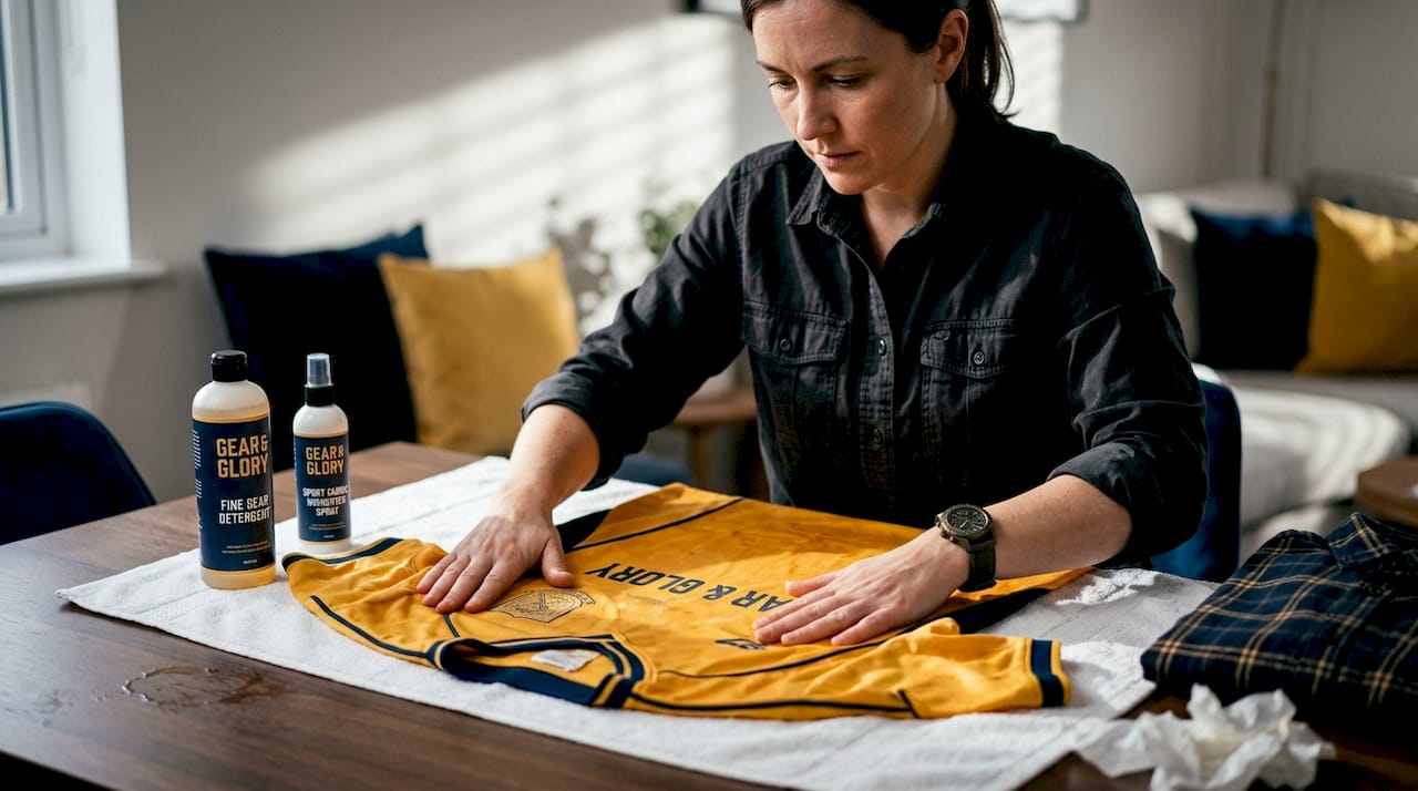 Woman air-drying vintage jersey on white towel